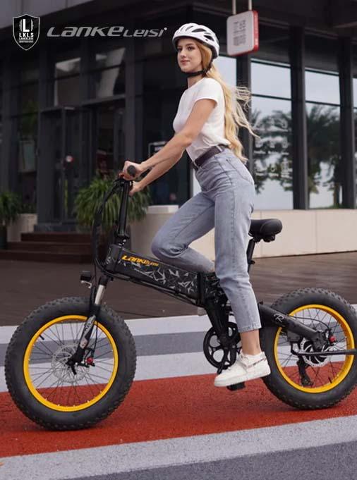 Lankeleisi electric bike side view, black frame with yellow rims, city street setting