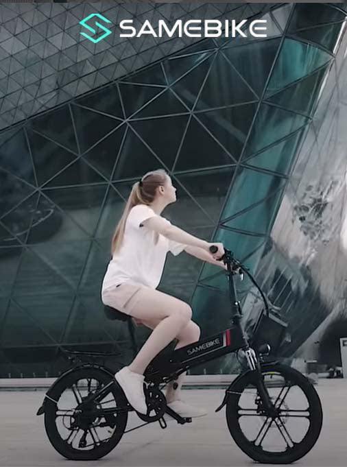 Samebike electric bike side view with rider in modern city setting