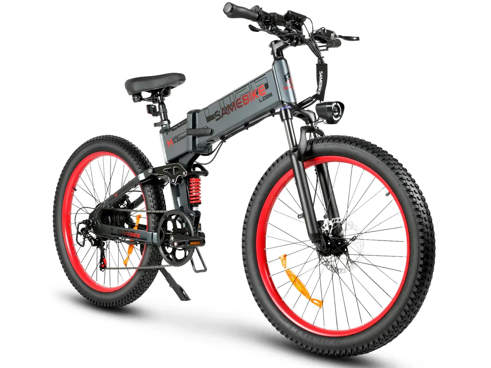 SAMEBIKE LO26-Plus Electric Bike with red wheels on a white background