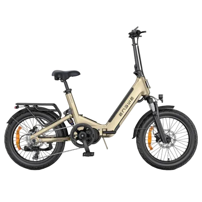 ENGWE folding electric bike beige side view with rear rack and front suspension