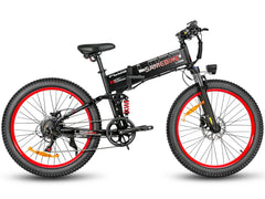 Black- SAMEBIKE LO26-Plus Electric Bike with red wheels on a white background
