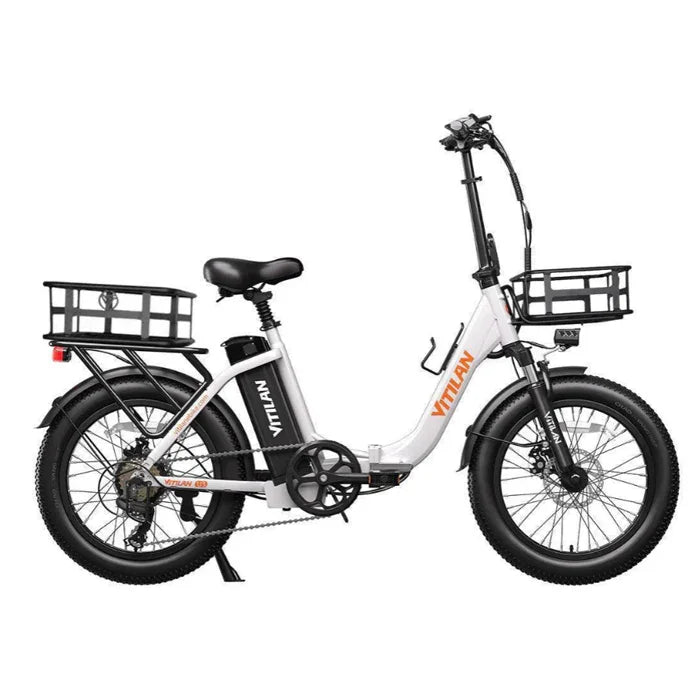 VITILAN electric bike model in white, side view with front and rear cargo baskets