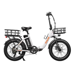 VITILAN electric bike model in white, side view with front and rear cargo baskets