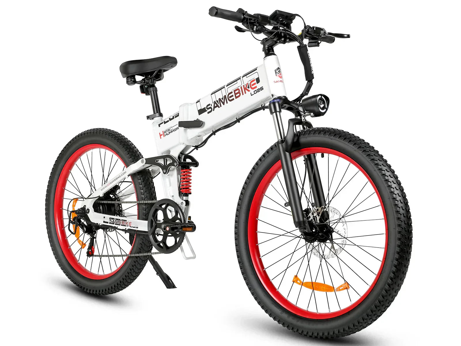White - SAMEBIKE LO26-Plus Electric Bike electric bike with red wheels on a white background