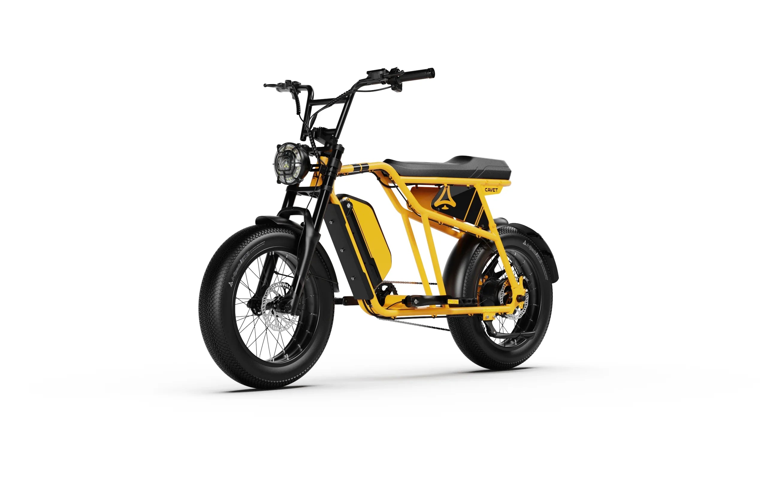 Side view of Yellow A-Spadz Cavet Air Electric Bike on a white background