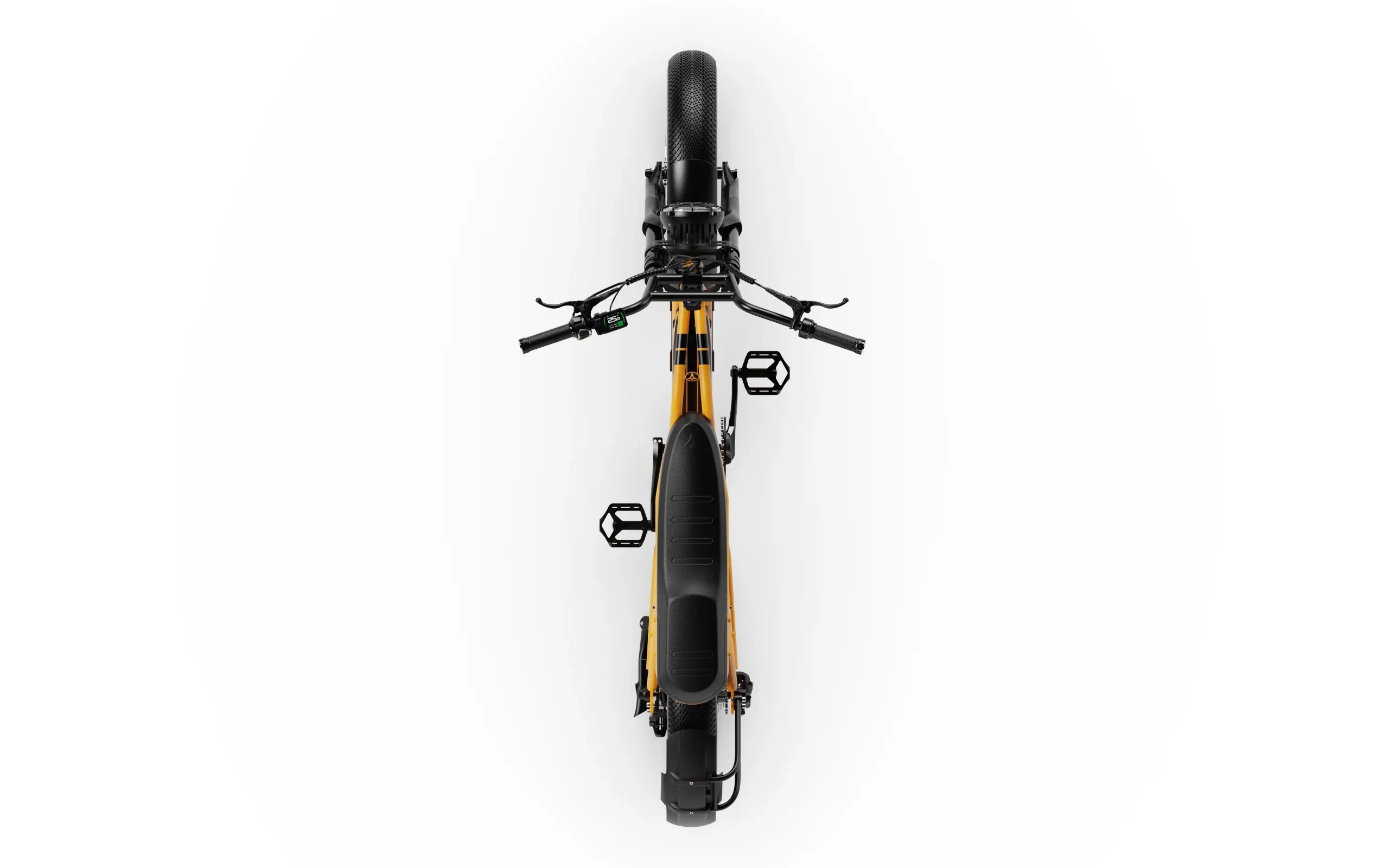 Top-down view of a A-Spadz Cavet Air Electric Bike - Yellow on a white background