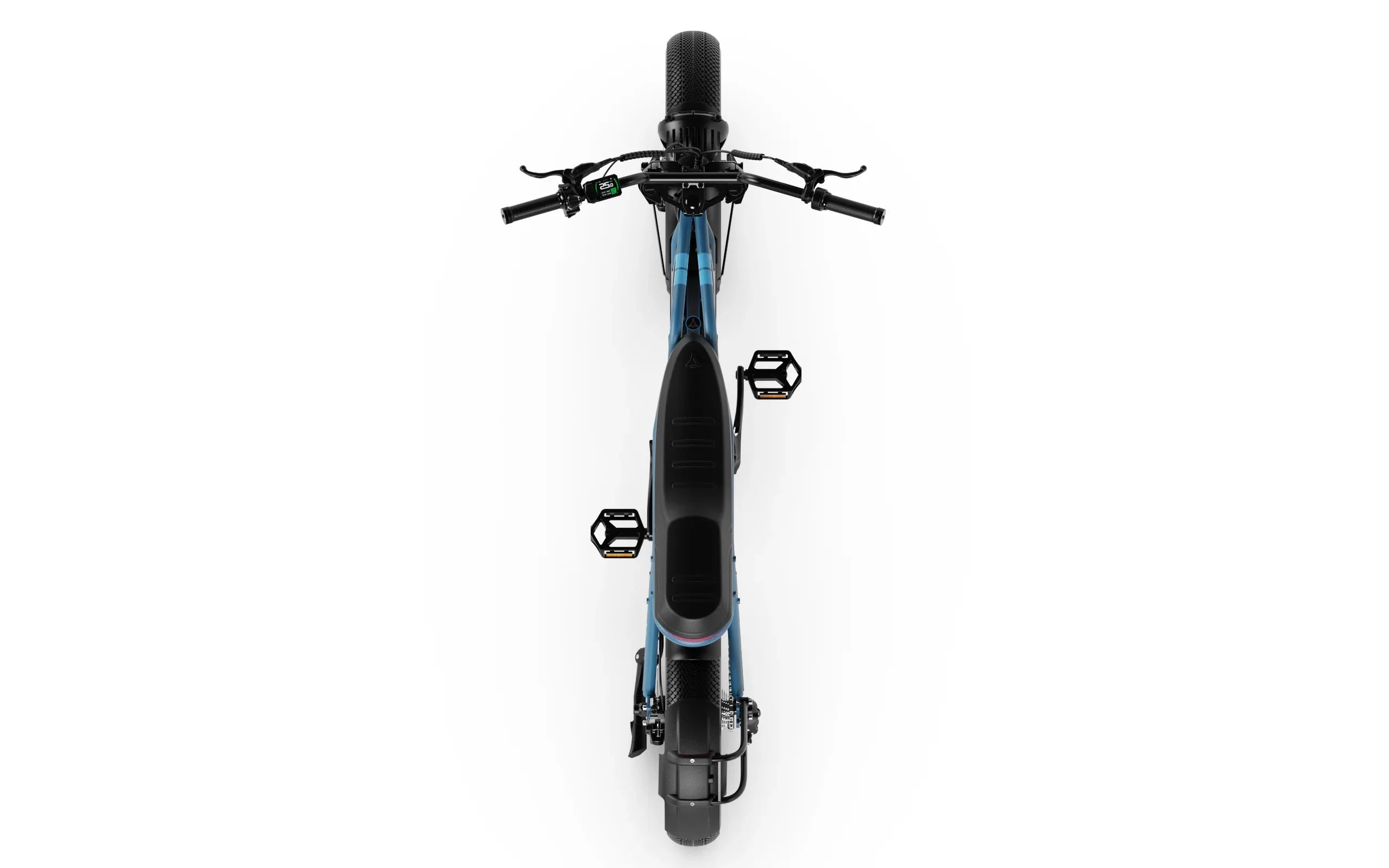 Top view of a black A-Spadz Cavet Air Electric Bike on a white background