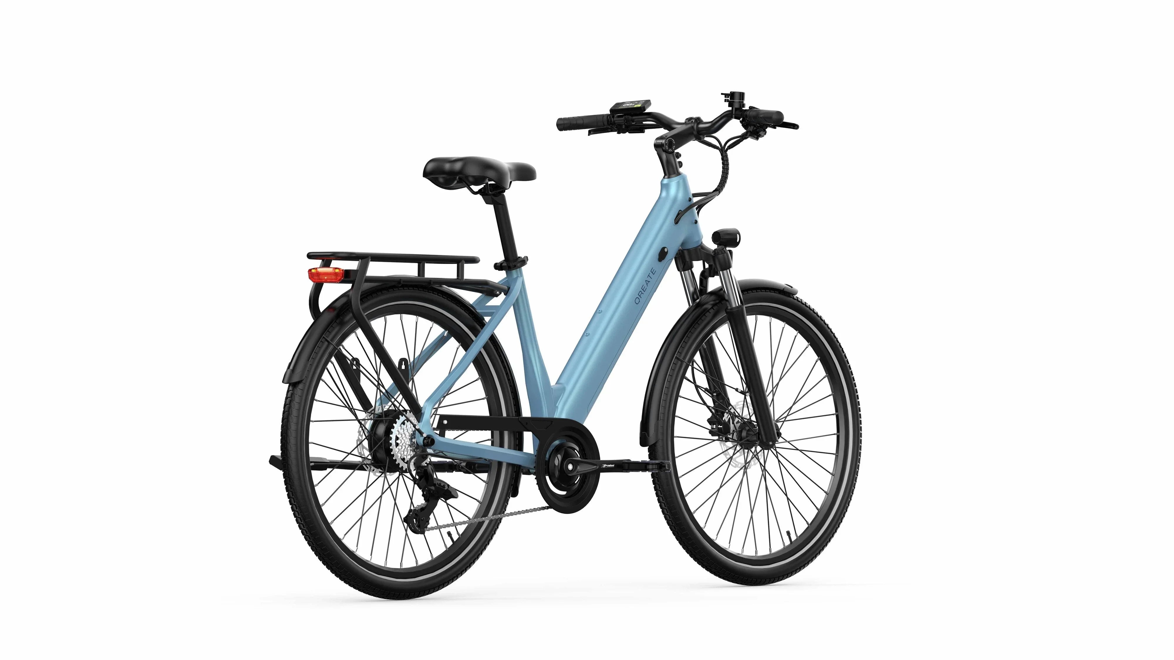 back view of Surf Blue A-Spadz Qreate City Air Electric Bike on a white background