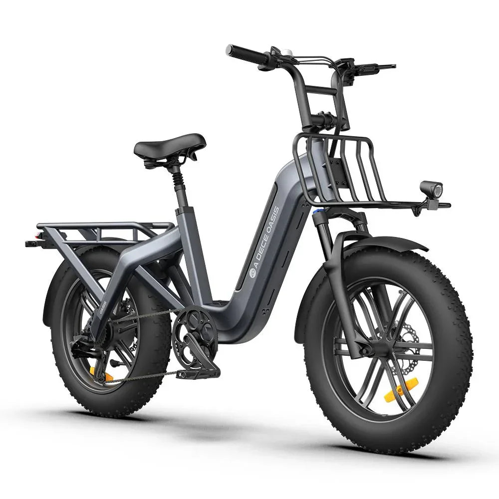 Gray ADO OASIS ONE Fat Tire Electric Bike with black seat and tires on a white background - Pogo Cycles