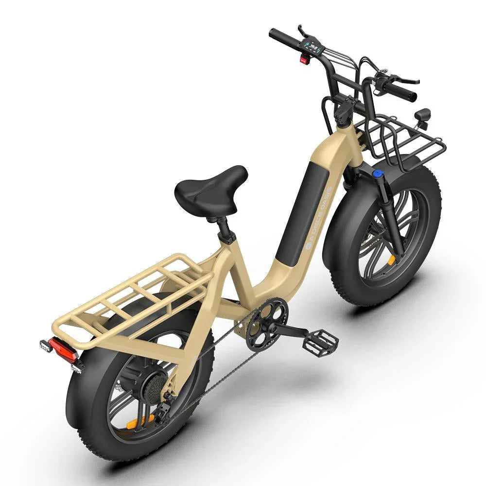 Beige ADO OASIS ONE Fat Tire Electric Bike with a black seat and basket on a white background