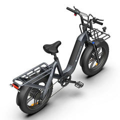 Gray ADO OASIS ONE Fat Tire Electric Bike with a basket on a white background