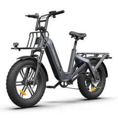 Gray ADO OASIS ONE Fat Tire Electric Bike with a basket on a white background
