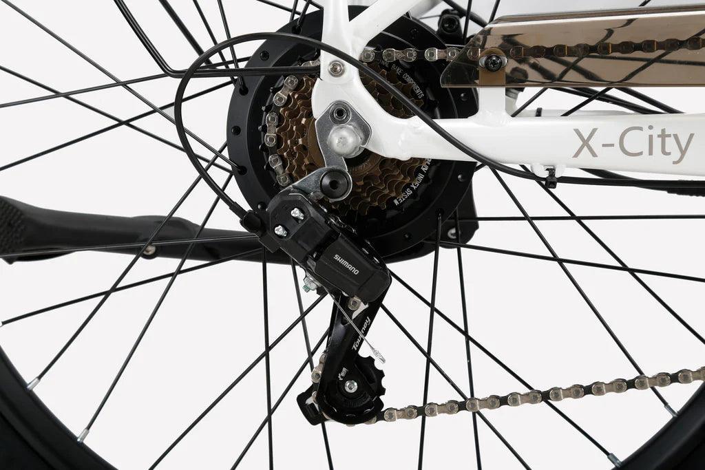 Cysum X-City e-bike rear wheel and kickstand β Pogo Cycles UK, cycle to work eligible.