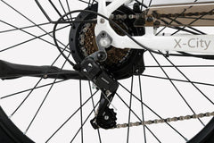 Cysum X-City e-bike rear wheel and kickstand β Pogo Cycles UK, cycle to work eligible.