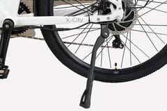 Rear wheel and kickstand close-up of the Cysum X-City Electric Bike featuring disc brakes and chain-driven drivetrain β available at Pogo Cycles UK, cycle to work scheme eligible.