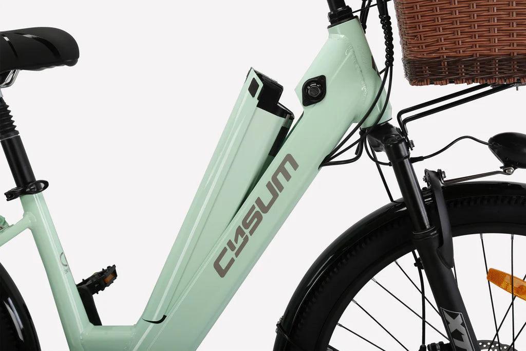 Cysum X-City Electric Bike - Pogo cycles UK -Matte green battery close up view.
