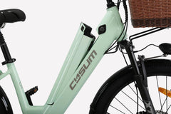 Cysum X-City Electric Bike - Pogo cycles UK -Matte green battery close up view.