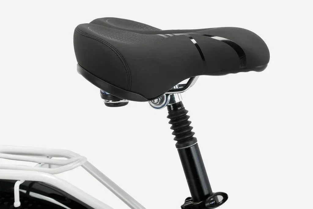 Comfort-enhancing cushioned saddle with dual-spring suspension on the Cysum X-City Electric Bike β ideal for smooth urban rides, available at Pogo Cycles UK under the cycle to work scheme.