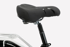 Comfort-enhancing cushioned saddle with dual-spring suspension on the Cysum X-City Electric Bike β ideal for smooth urban rides, available at Pogo Cycles UK under the cycle to work scheme.