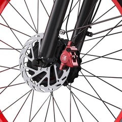 Close-up of a DUOTTS N26 Electric Bike wheel with disc brake and red caliper on a white background