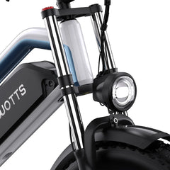 Close-up of a DUOTTS N26 Electric Bike's front suspension fork and headlight.