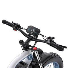Close-up of an DUOTTS N26 Electric Bike handlebar with a digital display on a white background