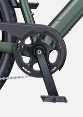 Close-up of ENGWE MapFour N1 Air Electric Bike crankset and pedal arm, showcasing chainring design and matte green frame – available at Pogo Cycles UK.