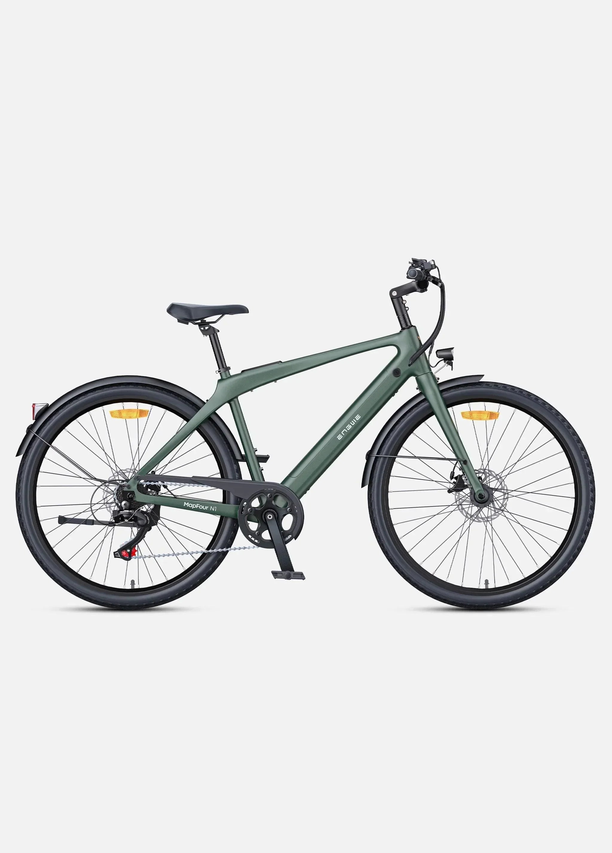 Side profile of ENGWE MapFour N1 Air e-bike in matte green, available at Pogo Cycles UK – featuring sleek frame design, urban tires, and rear hub motor on a clean white backdrop.