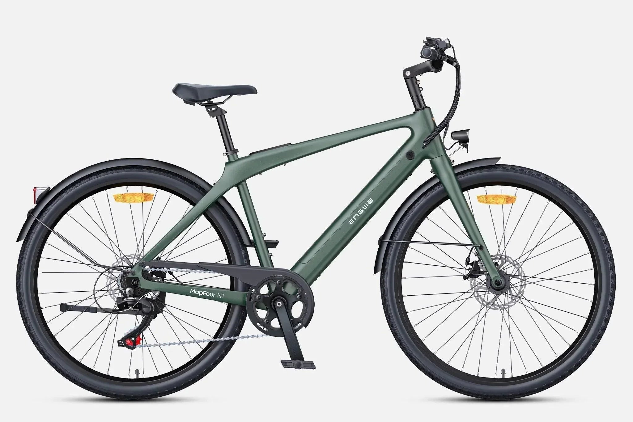 Side profile of ENGWE MapFour N1 Air e-bike in matte green, available at Pogo Cycles UK – featuring sleek frame design, urban tires, and rear hub motor on a clean white backdrop.