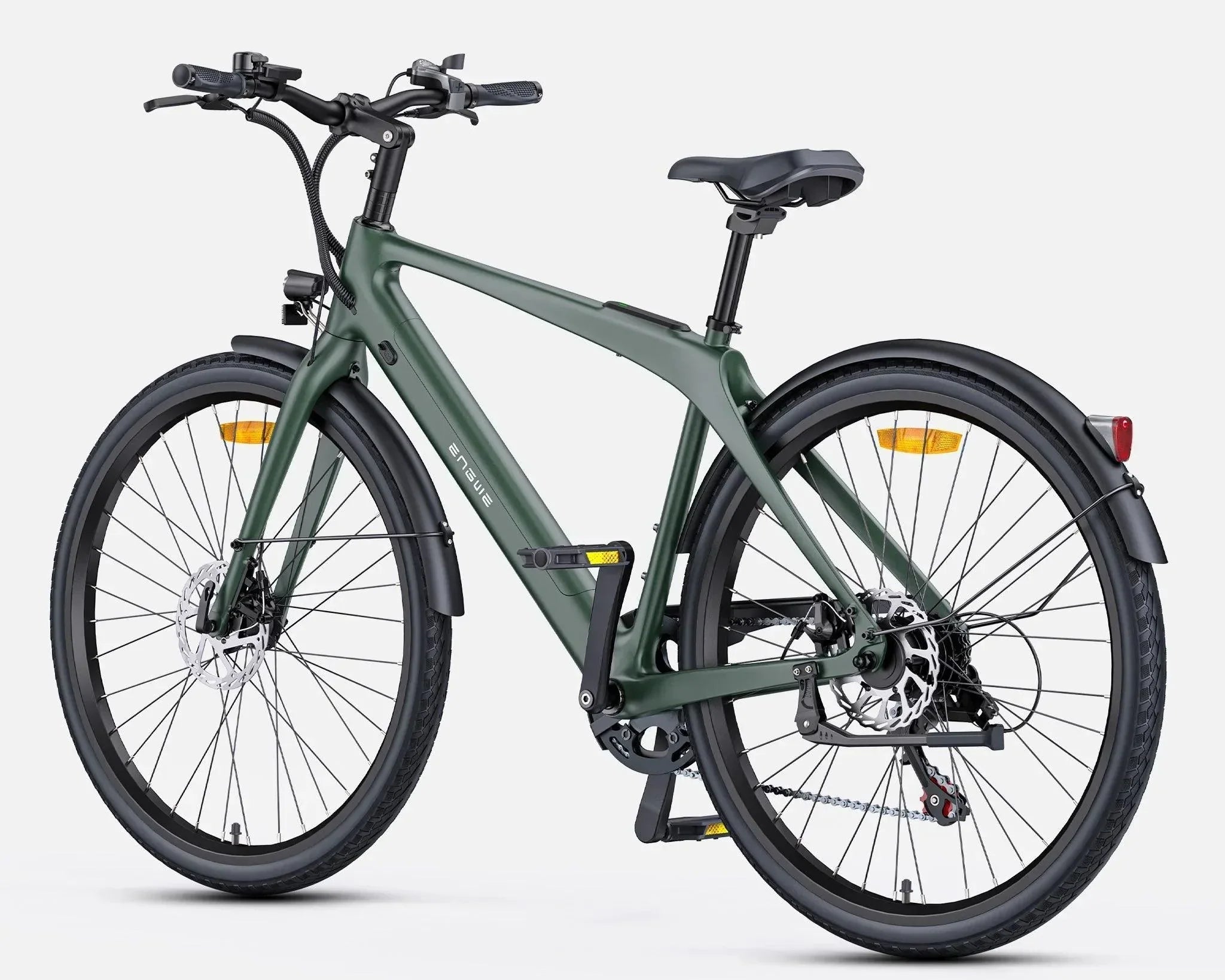 ENGWE MapFour N1 Air Electric Bike from Pogo Cycles UK, matte green urban e-bike with integrated battery, disc brakes, and fenders, side-rear view on white background.