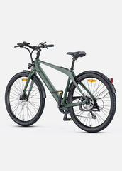 ENGWE MapFour N1 Air Electric Bike from Pogo Cycles UK, matte green urban e-bike with integrated battery, disc brakes, and fenders, side-rear view on white background.
