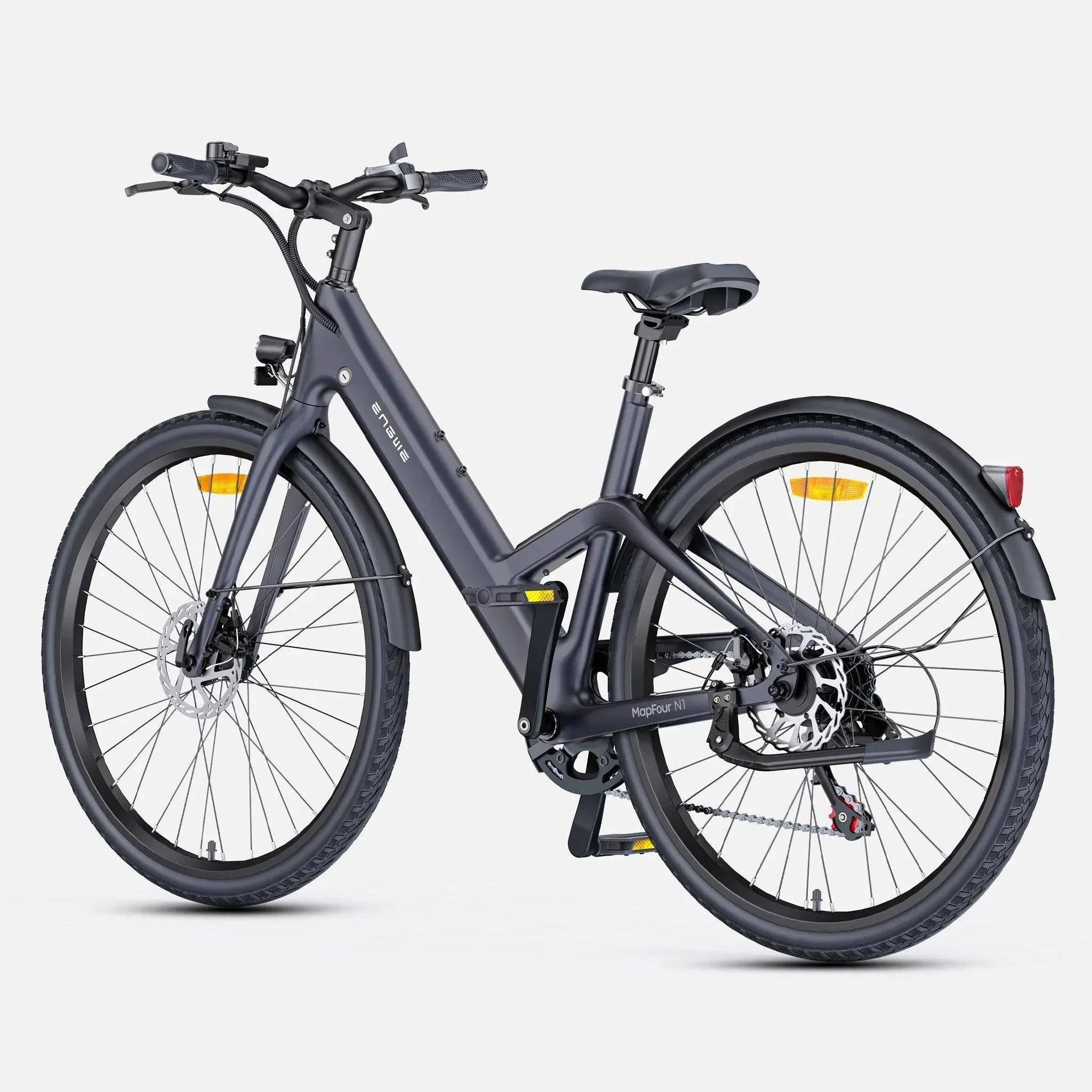 ENGWE MapFour N1 Air e-bike matte black – lightweight city electric bicycle with rear motor, LED lights, and fenders, ideal for urban commuting – buy at Pogo Cycles UK.