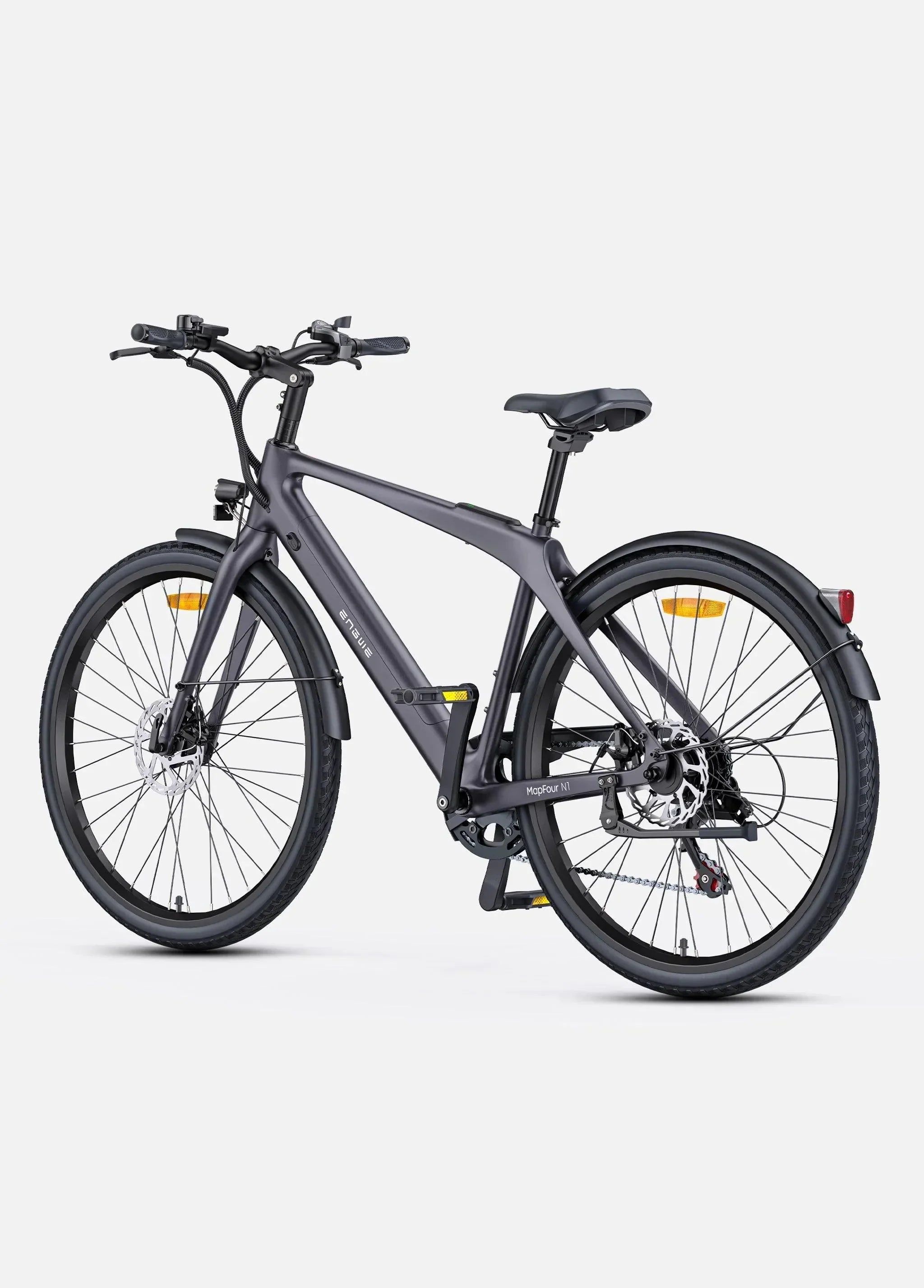 ENGWE MapFour N1 Air Electric Bike in matte black, rear-side view showing disc brakes, fenders, and ergonomic frame – Pogo Cycles UK.