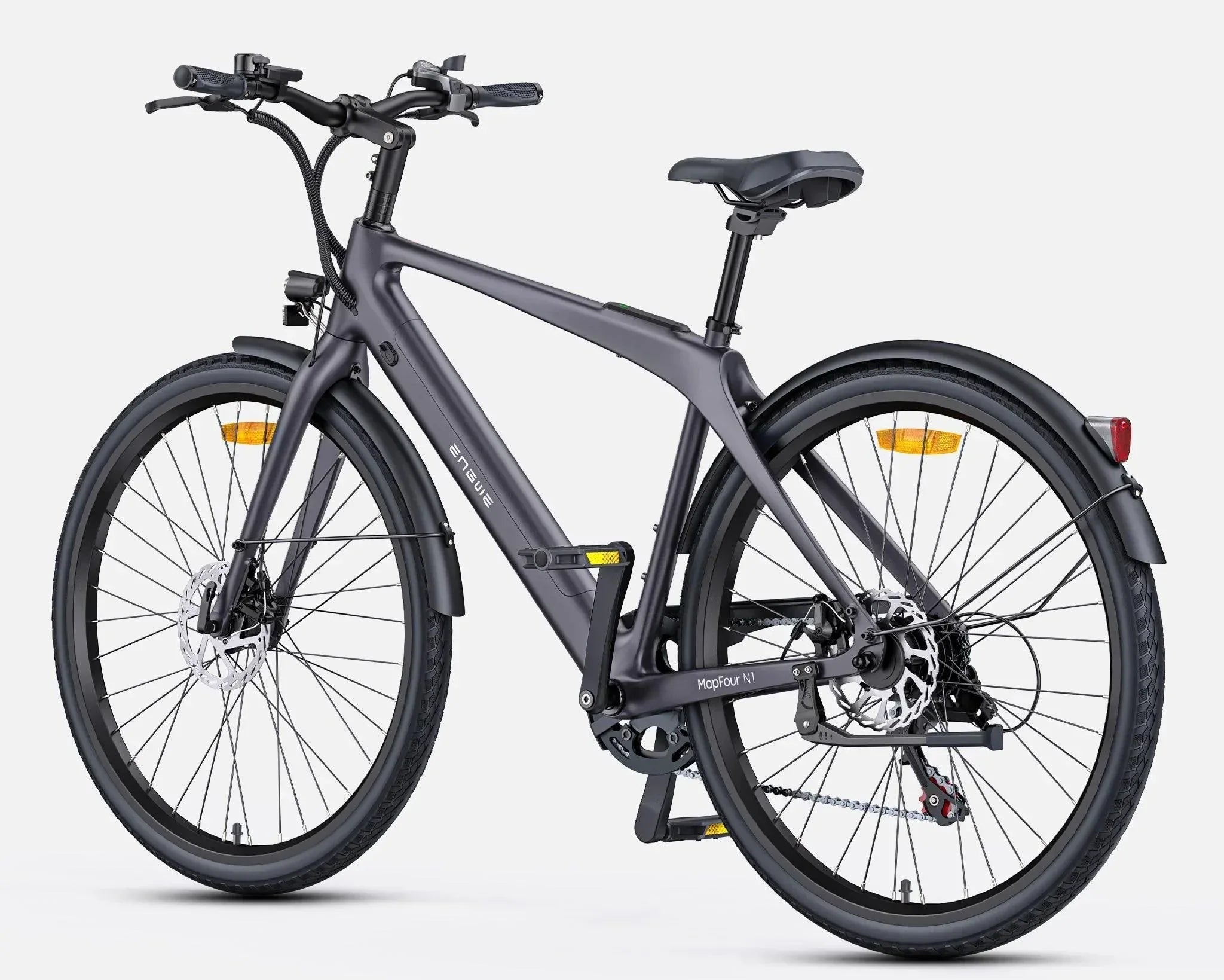 ENGWE MapFour N1 Air Electric Bike in matte black, rear-side view showing disc brakes, fenders, and ergonomic frame – Pogo Cycles UK.