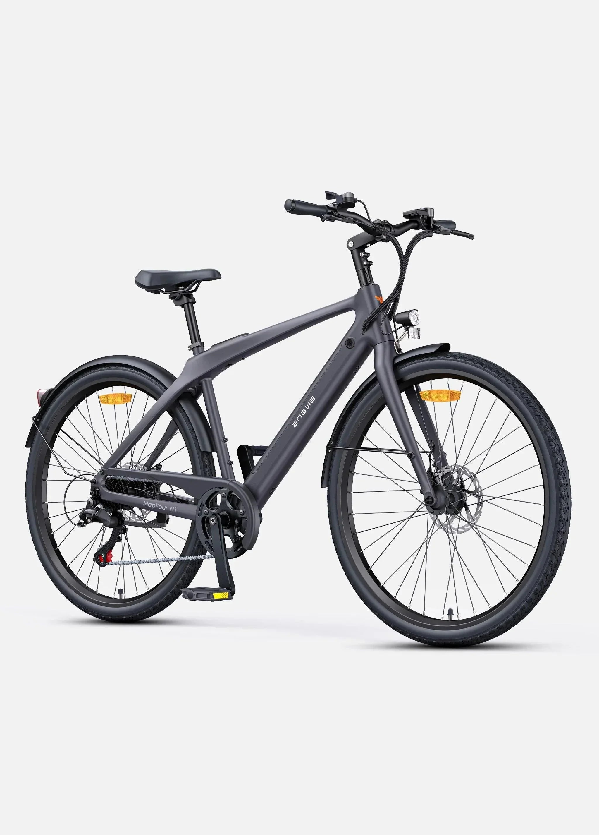 Stylish matte black ENGWE MapFour N1 Air electric bike designed for smooth urban commuting, featuring a modern frame, ergonomic saddle, and integrated battery – from Pogo Cycles UK.