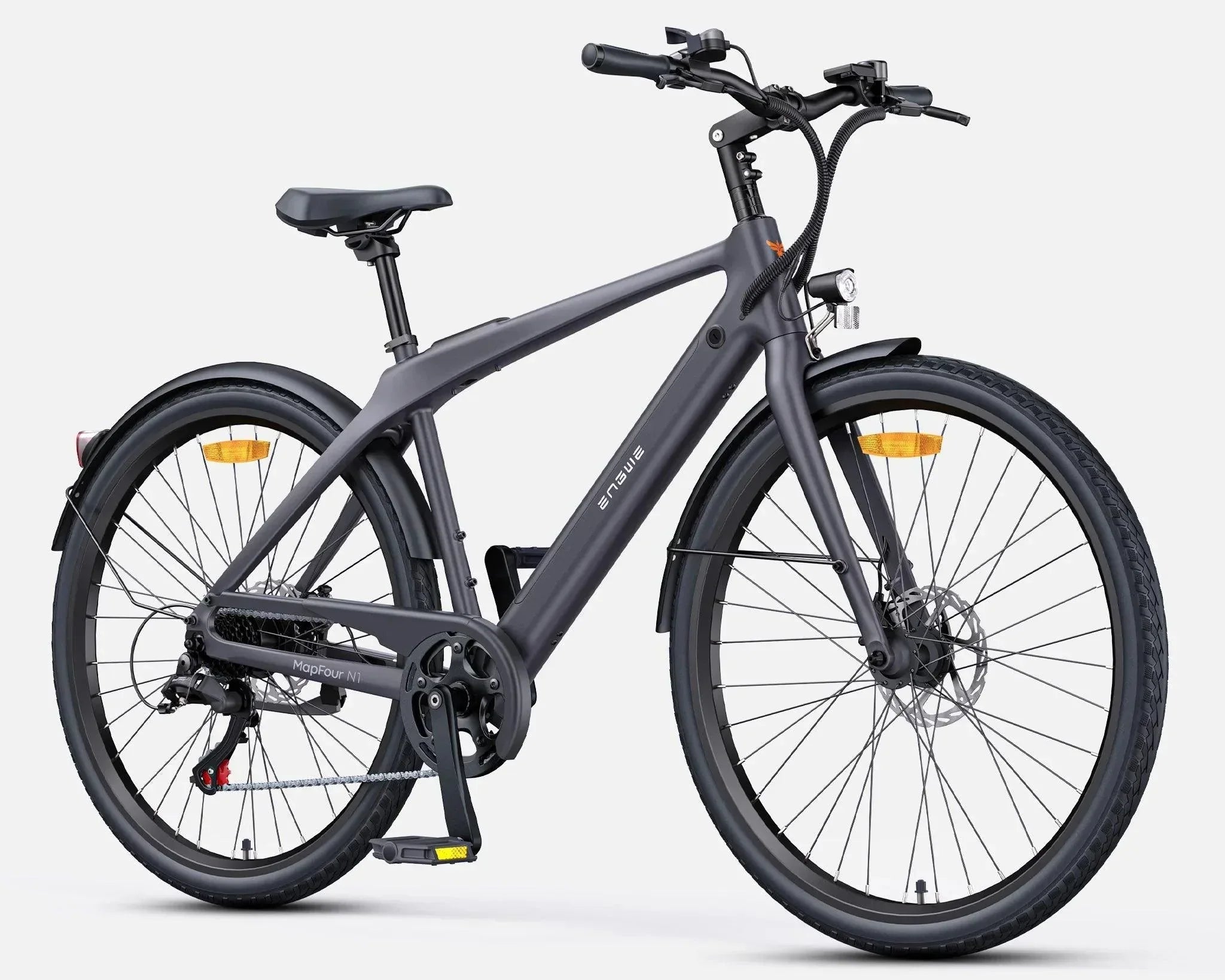 Stylish matte black ENGWE MapFour N1 Air electric bike designed for smooth urban commuting, featuring a modern frame, ergonomic saddle, and integrated battery – from Pogo Cycles UK.