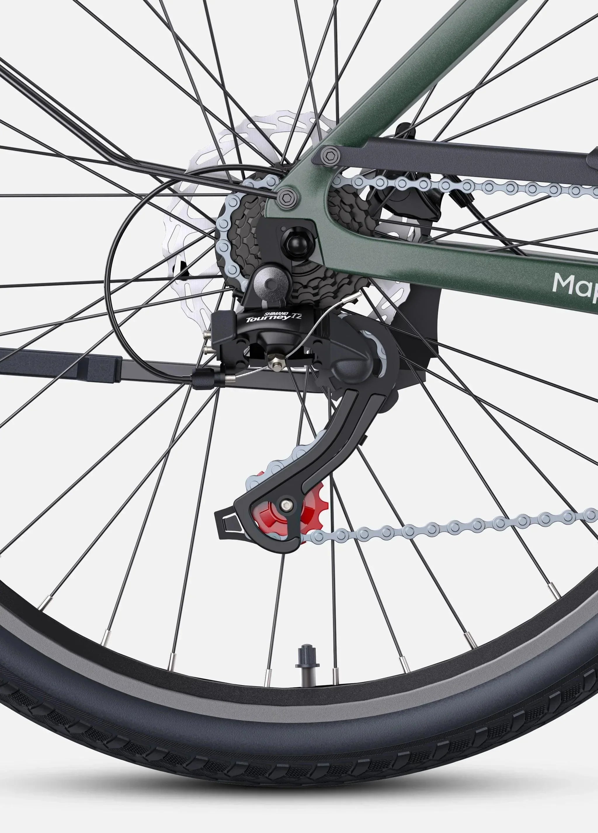 Detailed view of the rear derailleur and disc brake system on the ENGWE MapFour N1 Air Electric Bike, highlighting Shimano Tourney gear setup and chain alignment – Pogo Cycles UK.