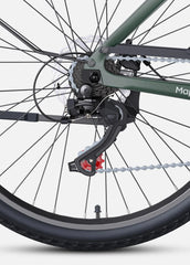 Detailed view of the rear derailleur and disc brake system on the ENGWE MapFour N1 Air Electric Bike, highlighting Shimano Tourney gear setup and chain alignment – Pogo Cycles UK.
