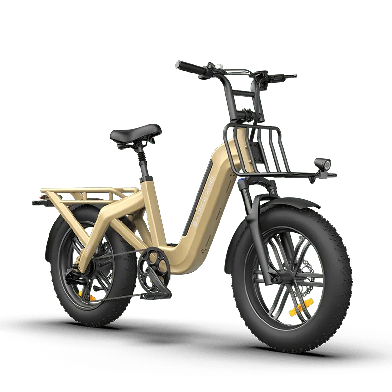 Beige ADO OASIS ONE Fat Tire Electric Bike
with a black seat and front basket on a white background