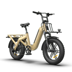 Beige ADO OASIS ONE Fat Tire Electric Bike
with a black seat and front basket on a white background