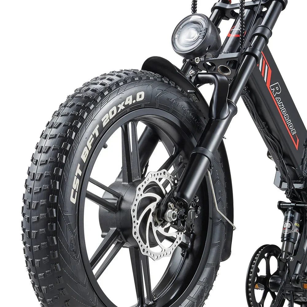 Close-up of an RANDRIDE YX20M-2 Dual Motor Electric Bike wheel with CST tire on a white background