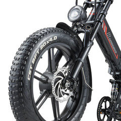 Close-up of an RANDRIDE YX20M-2 Dual Motor Electric Bike wheel with CST tire on a white background