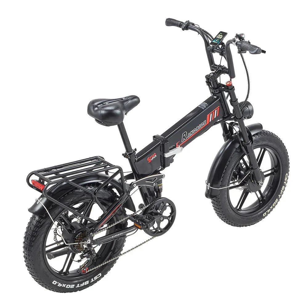 RANDRIDE YX20M-2 Dual Motor Electric Bike in black with a small basket on a white background