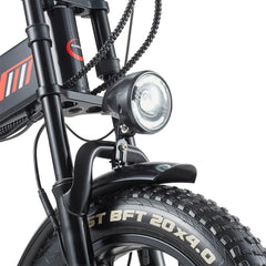 Close-up of a RANDRIDE YX20M-2 Dual Motor Electric bicycle headlight and front tire with visible branding on a white background