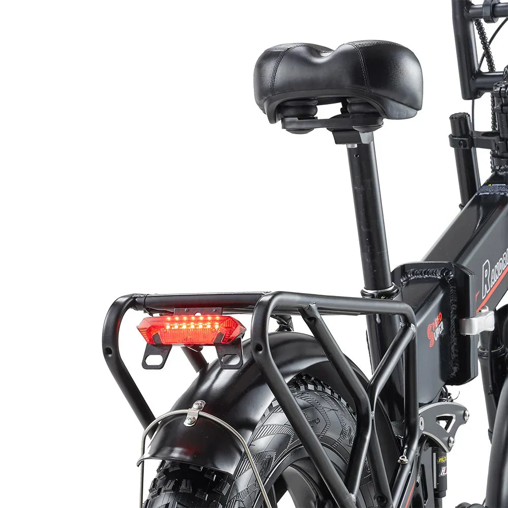 Close-up of a black RANDRIDE YX20M-2 Dual Motor Electric Bike with a red taillight on a white background