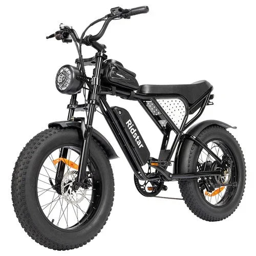 Black electric bike with 'RidStar' branding on a white background