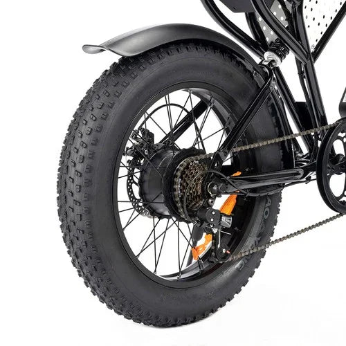 Close-up of a Ridstar Q20 Mini bicycle wheel with thick tire on a white background