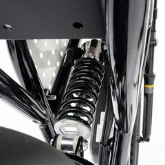 Close-up of a motorcycle suspension system of Ridstar Q20 Mini Electric Bike with a white background