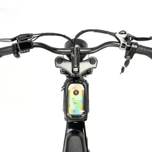 Bicycle handlebar with a smartphone mount displaying a colorful app interface on a white background