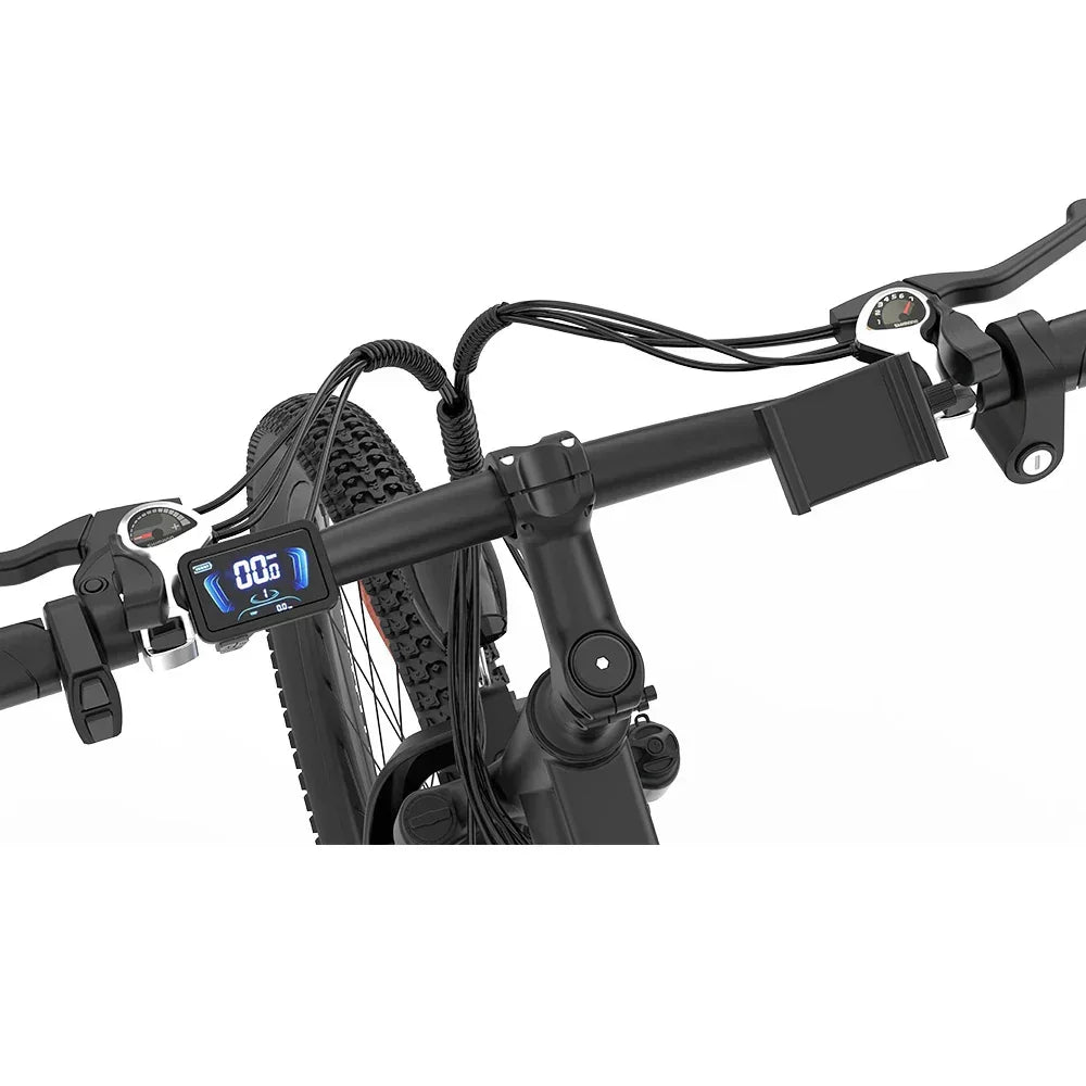 Close-up view of Ridstar S29 Pro Electric Mountain Bike handlebar with LCD display, brake levers, and control buttons – Available at Pogo Cycles UK with Cycle to Work scheme.